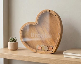 Wooden Piggy Bank Heart: Personalized Name Money Box, Gift for Kids Couples, Nursery Decor