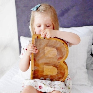 Personalized Oak Wood Letter Piggy Bank: Kids & Adult Gift, Custom Engraved Saving Box image 7