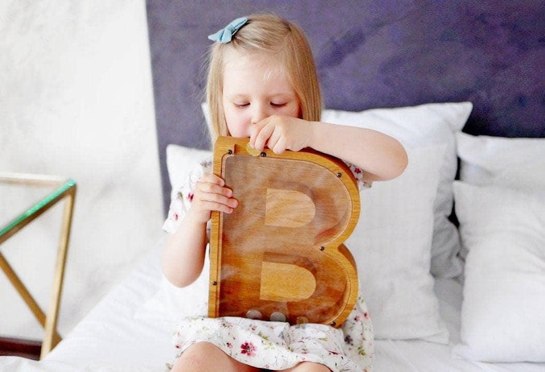 Personalized Oak Wood Letter Piggy Bank: Kids & Adult Gift, Custom Engraved Saving Box image 7