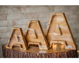 Personalized Oak Wood Letter Piggy Bank: Unique Money Box, Tip Coin Jar Gift