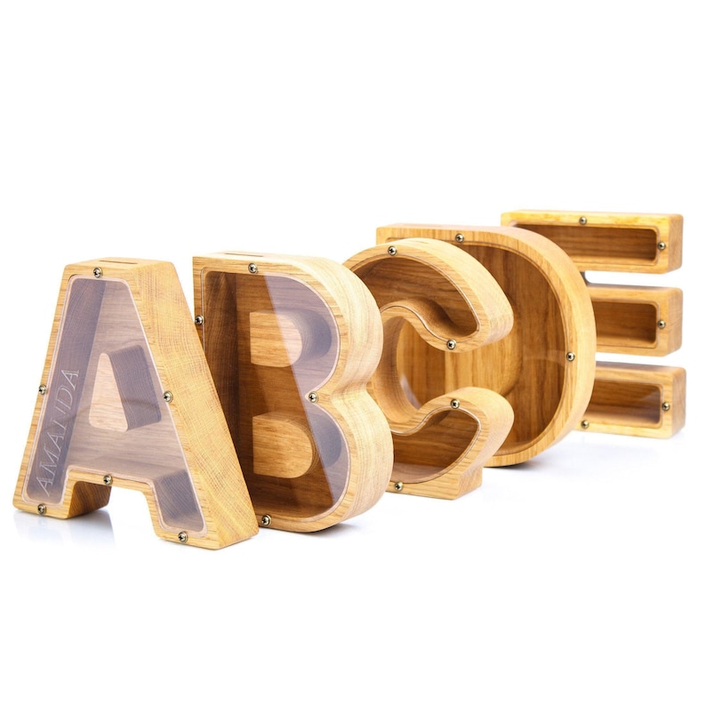 Personalized Oak Wood Letter Piggy Bank: Kids & Adult Gift, Custom Engraved Saving Box image 18