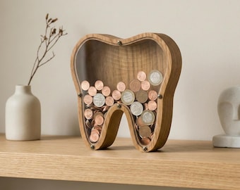 Personalized Wooden Tooth Piggy Bank for Kids Dental Office Decor and Tooth Fairy Savings