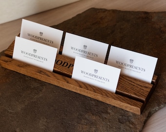 Engraved Oak Wood Business Card Holder: Multiple Card Display, Desk Organizer, 3 Colors