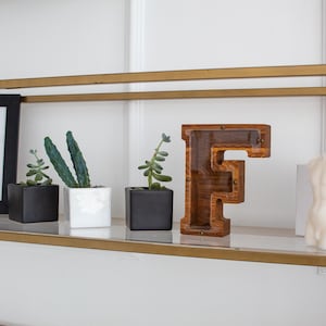 a shelf with various decorative items, including a black and white photo frame, two potted succulents, a wooden letter 'F', and a white candle.