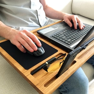 Lap desk Oak wood laptop stand First fathers day gift from daughter son wife Mobile workstation Portable wooden computer tray with mousepad image 1