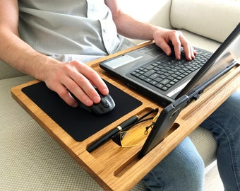 Lap desk Oak wood laptop stand First fathers day gift from daughter son wife Mobile workstation Portable wooden computer tray with mousepad