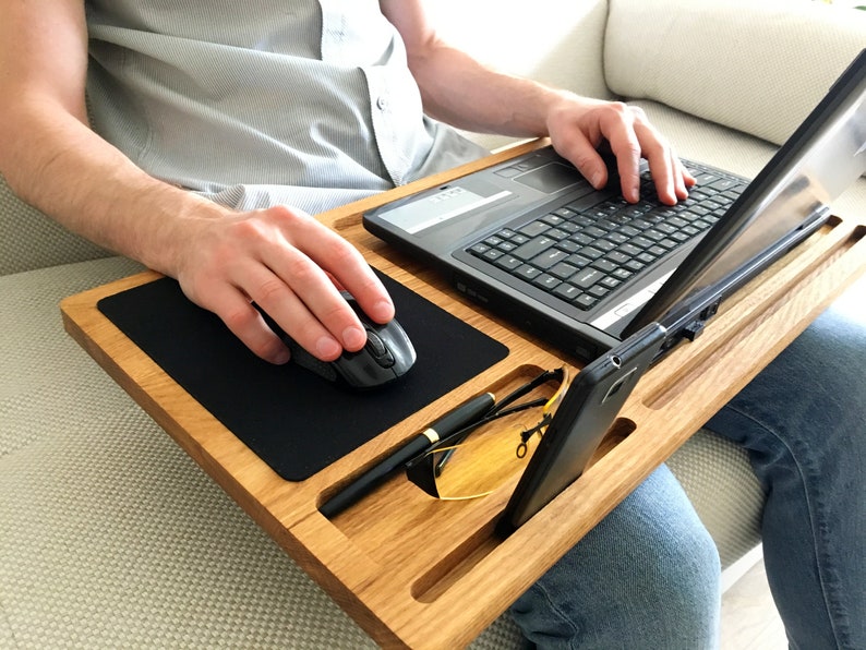 Lap desk Oak wood laptop stand First fathers day gift from daughter son wife Mobile workstation Portable wooden computer tray with mousepad image 1