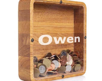 Personalized Oak Wood Square Piggy Bank: Clear Glass Coin Bank, Engraved Gift