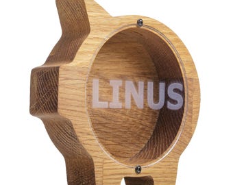 Personalized Wood Piggy Bank: Oak Animal Money Box, Kids Savings, Nursery Room Decor