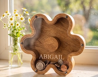 Girls Room Decor Daisy Flower Shelf Accent: Wooden Savings Box, Nursery Keepsake Bloom