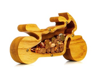 Wooden Motorcycle Piggy Bank: Personalized Oak Wood Montessori Money Box, Adult Bike Decor