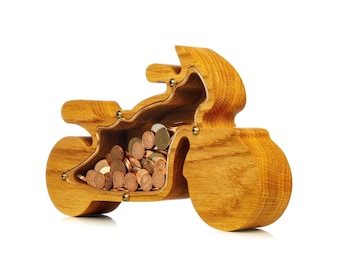 Motorcycle Piggy Bank: Oak Wood Savings Jar for Kids and Adults, Modern Montessori Gift
