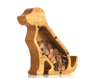 Personalized Oak Wood Dog Piggy Bank: Kids Room Decor, Pet Lover Gift Nursery Accent