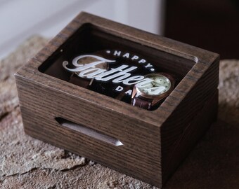 Personalized Wood Watch Box, Solid Oak Organizer with Clear Lid and Included Cushions