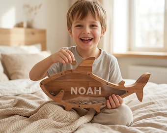 Personalized Shark Piggy Bank, Wooden Money Box, Ocean Theme Kids Room Decor, Keepsake Gift