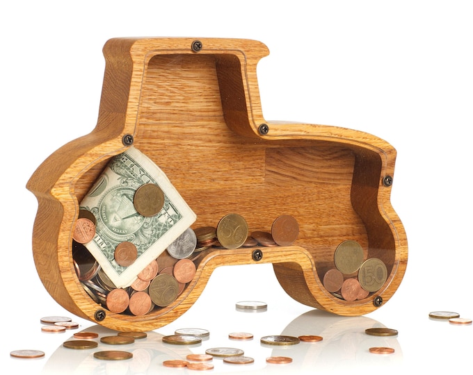 Personalized Oak Tractor Piggy Bank: Farm Nursery Decor, Custom Name Engraving, 2 Sizes Available