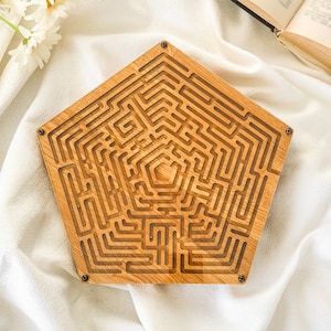PENTAGON Wooden Labyrinth Game - Challenging Marble Ball Maze Puzzle for Kids & Adults, Perfect for Coffee Tables, Waiting Rooms, and Lobby