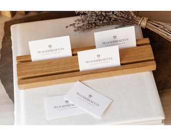 Personalized Business Card Holder for Desk, Oak Wood Modern Reception Custom Logo Display Stand