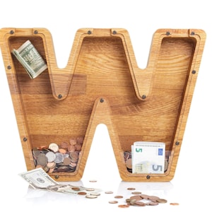 Personalized Oak Wood Letter Piggy Bank: Kids & Adult Gift, Custom Engraved Saving Box image 15