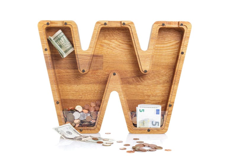 Personalized Oak Wood Letter Piggy Bank: Kids & Adult Gift, Custom Engraved Saving Box image 15