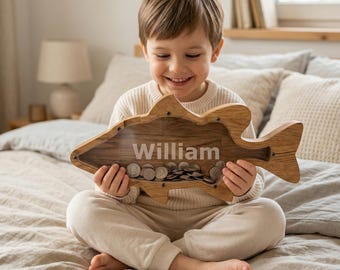 Large Wooden Walleye Fish Piggy Bank, Custom Boys Fishing Nursery Decor, Clear Money Box