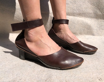 Trippen 40 Slingback Pumps Medium Heel Brown Leather Vintage Handmade