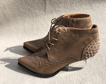 Buttero 39 Booties Cowboy Lace-Up Embroidered Studded See Through Heel Cappuccino Leather