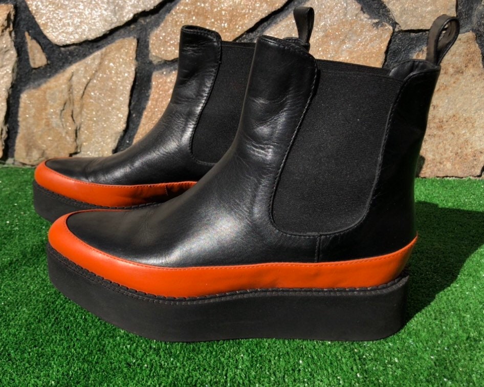Musette 39 Flat Chelsea Boots Black Orange Leather Platform - Etsy Israel