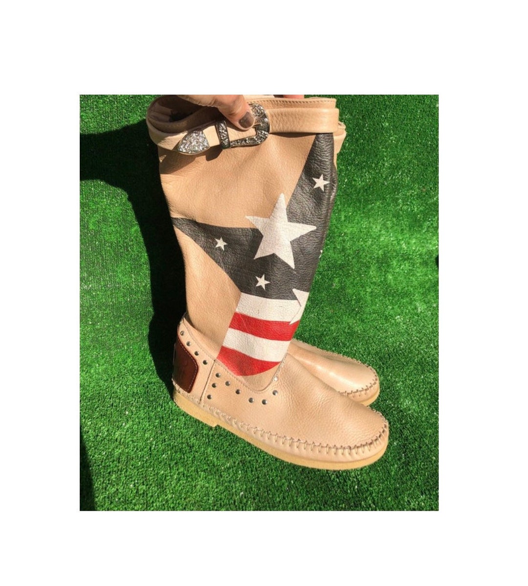 Ovye 38 Boots Flat Moccasins American Flag Beige Leather