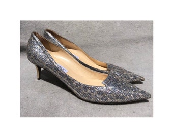 Jimmy Choo 41 Pointy Pumps Elegant Wedding Gala Silver Textile Leather Handmade