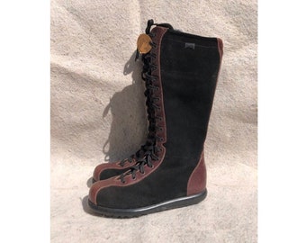 Camper 36 Boots Knee High Lace-Up Flat Comfortable Every-Day Simple Sporty Dark Brown Suede Coffee Textured Leather