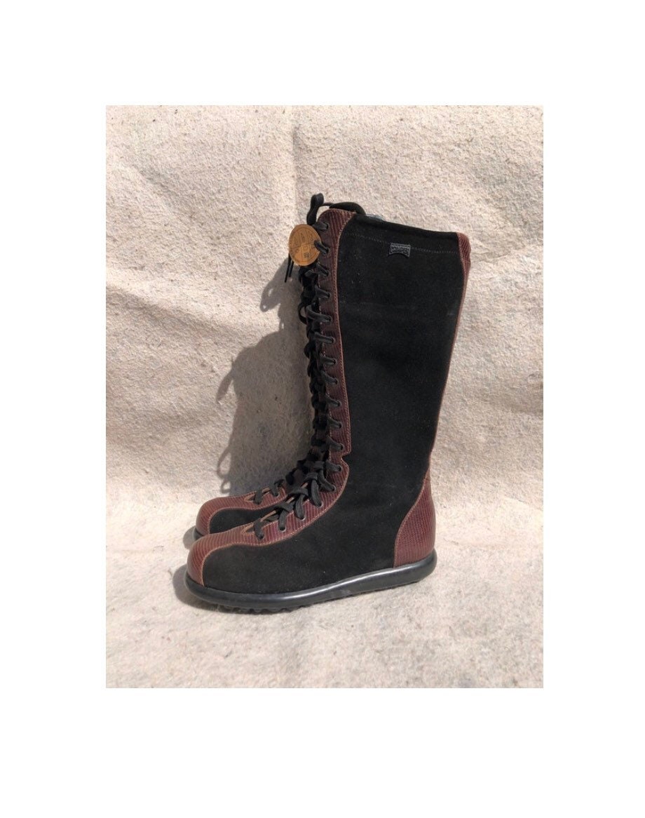 Suede knee high lace shop up boots