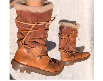 El Naturalista 38 Boots Winter Warm Flat Chunky Straps Tobacco Leather