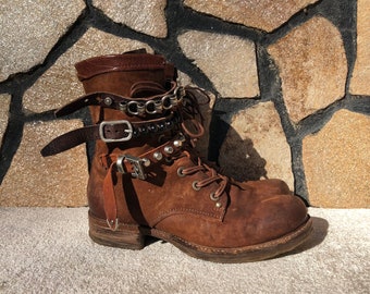 A.S.98 Airstep 38 Boots Brown Military Boots Strappy Boots Women Studded Boots Women Boots With Chains Brown Suede