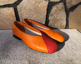 Camper 38 Ballerinas Asymmetrical Leather Ballerinas Light Flats Women Asymmetrical Shoes Women Orange Red Leather