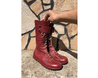 Camper 39 Boots Lace Up Kickbox Female Women Military Style Red Leather