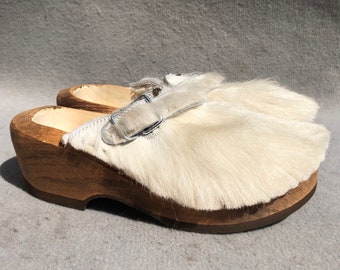 Devich 36 Clogs Wood Wooden Fur Hair Ponyhair Natural White