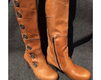 Red Rag 39 Boots Knee-High Round Toe Medium Heel Mustard Leather