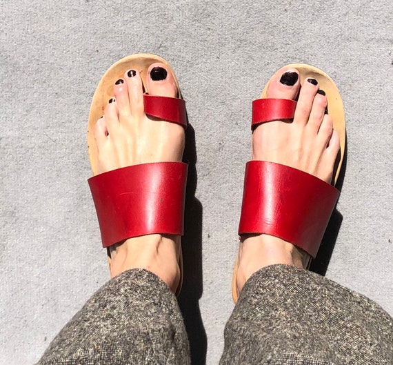 Trippen 42 Zen Sandals Flat Wooden Sole Red Leath… - image 1