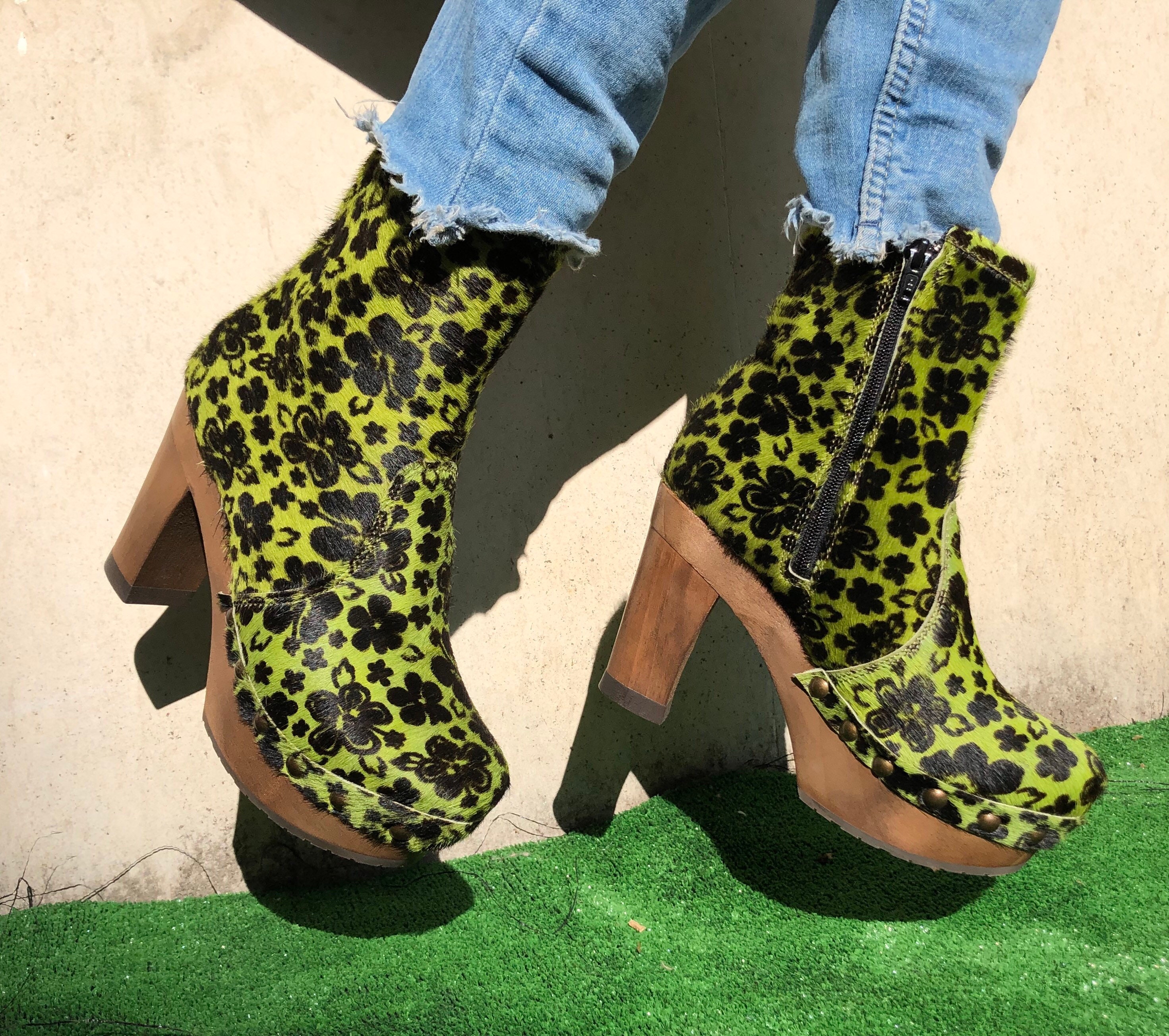 Grünbein Booties Cowhide Studded Clogs Neon Green - Etsy Finland