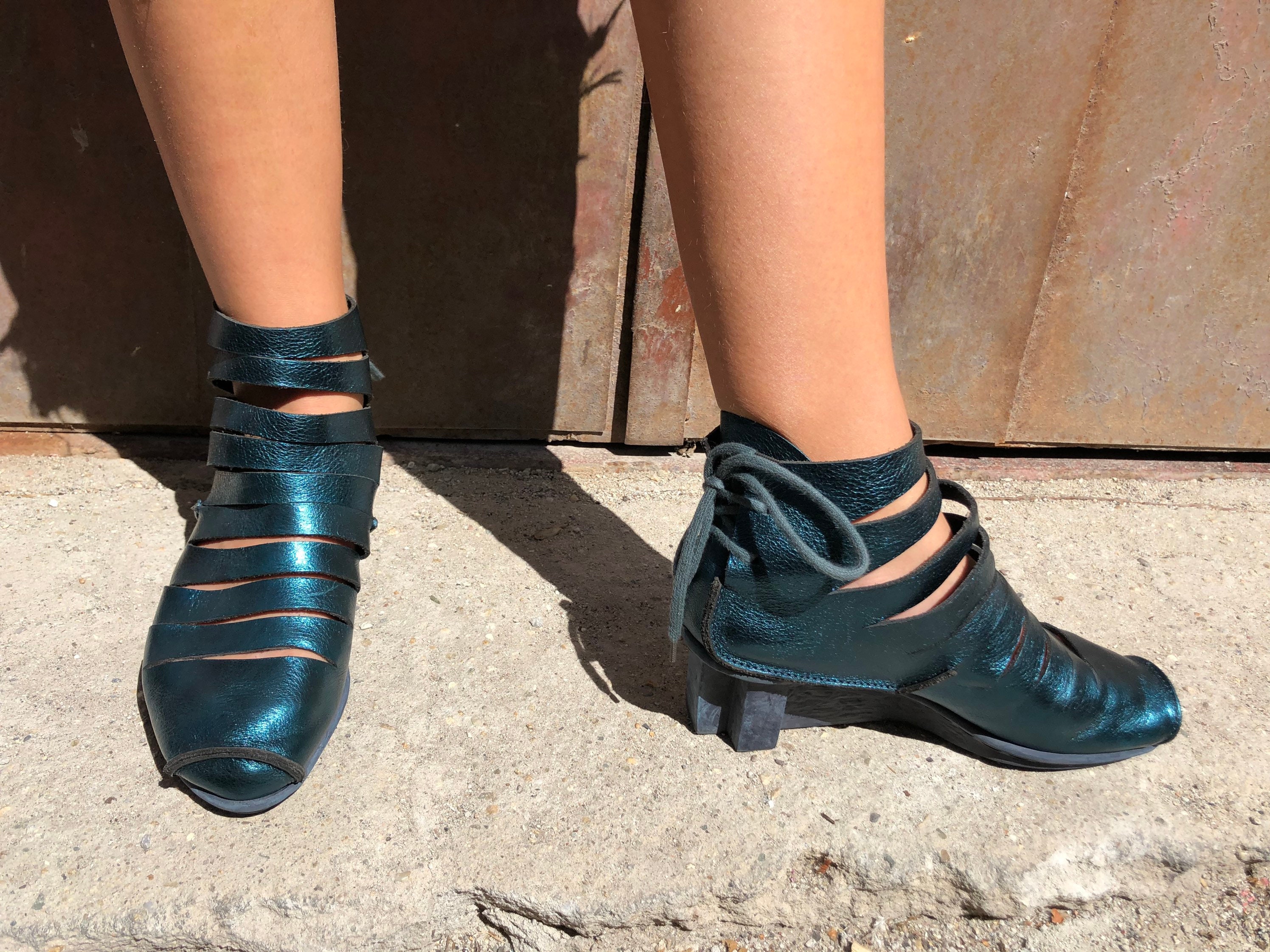Trippen 37 Booties Wegde Medium Heel Metallic Blue Leather Etsy