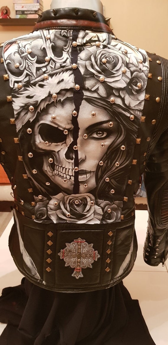 Gothic Metal Handpainted Studded Leather Jacket Bi