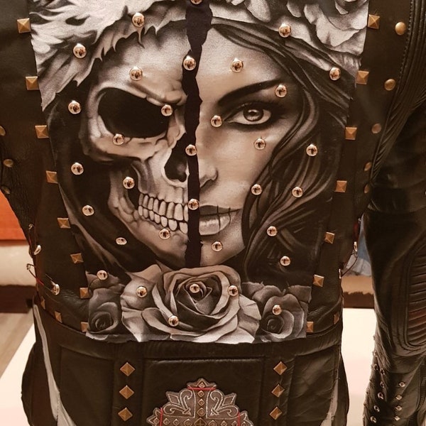 Gothic Metal Handpainted Studded Leather Jacket Biker L