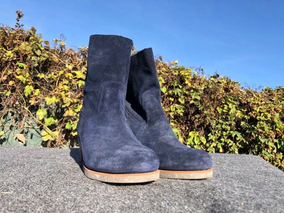 Buy Shabbies 42 Booties Round Toe Medium Heel Blue Suede Online in