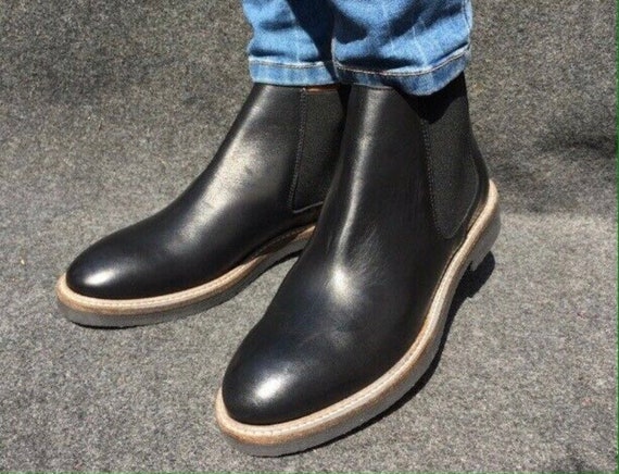 42 Boots Chelsea Ankle Round Toe Flat Black Leather - Etsy Ireland