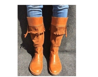 El Naturalista 39 Boots Flat Knee High Women Female Fringes Cognac Leather