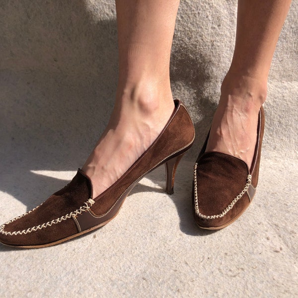 Rene Mancini 38,5 Elegant Pointy Toe Pumps Brown Suede Office Business