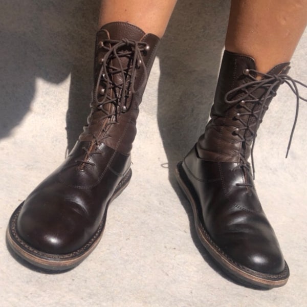 Trippen 43 Boots Lace Up Soldier Military Hunting Midcalf Brown Leather Handmade Vintage Unisex