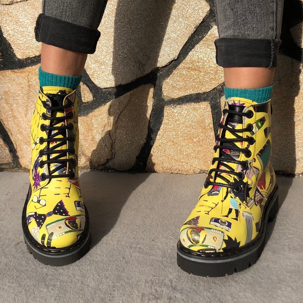 The Art Company 37 Boots Lace Up Faux Leather Rubber Cartoon Baby Birthday Festival Yellow Vegan