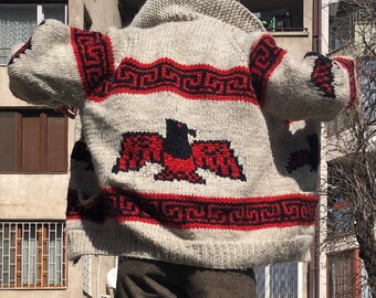 Men’s L Cardigan Handmade Hand Knit Knitwear Grey Red Black Eagle Eagle